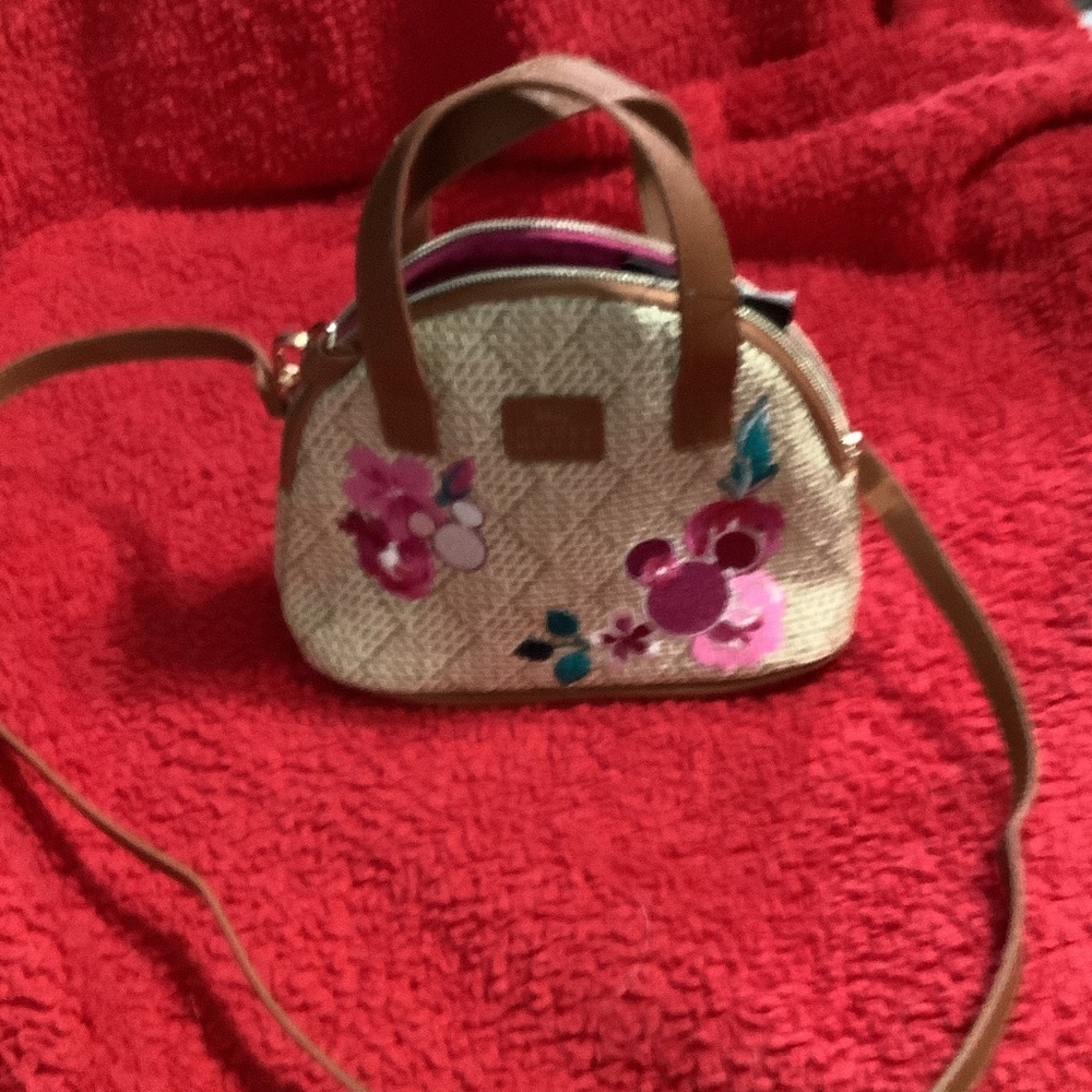 Disney Straw Crossbody Bag with Pink Floral and Brown Accents